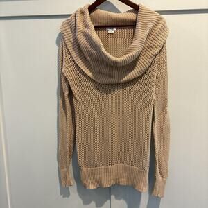 Cache Sweater Women Medium Gold Beige Cowl Neck Open Knit Mesh‎ Pullover Shimmer